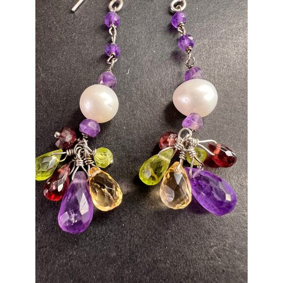Multi gemstone cluster dangle earrings in sterling silver - Picture 3 of 10